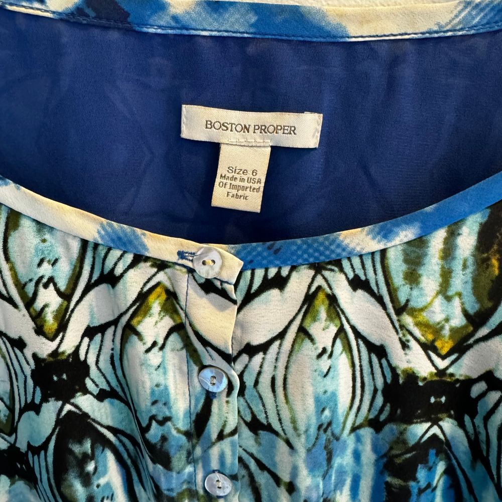 Boston Proper Size 6 Blue White Tie Dye Boho Dress Cinched Waist Tropical Resort - Picture 5 of 9